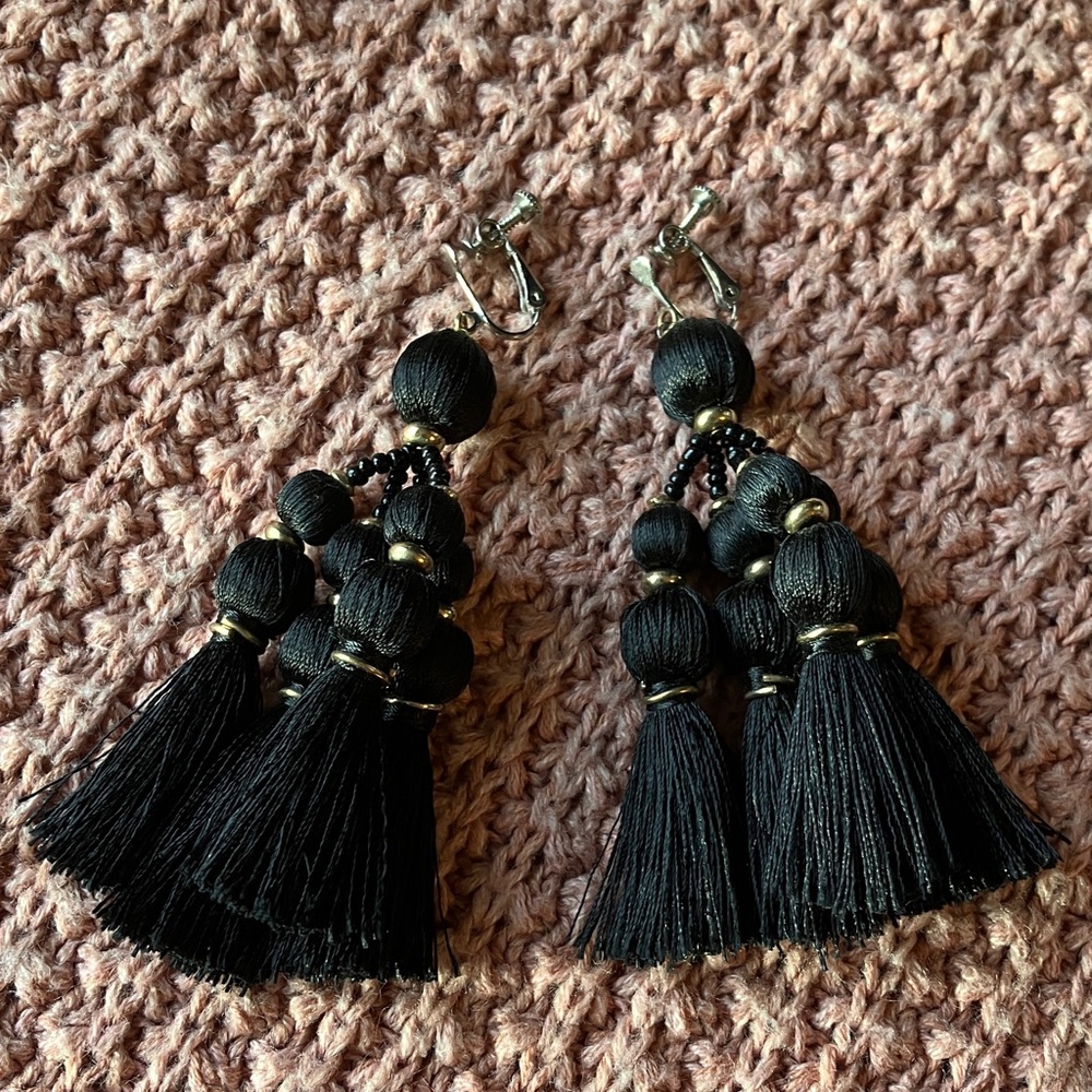 Black gold tassel dangle silver tone screw back large statement earrings